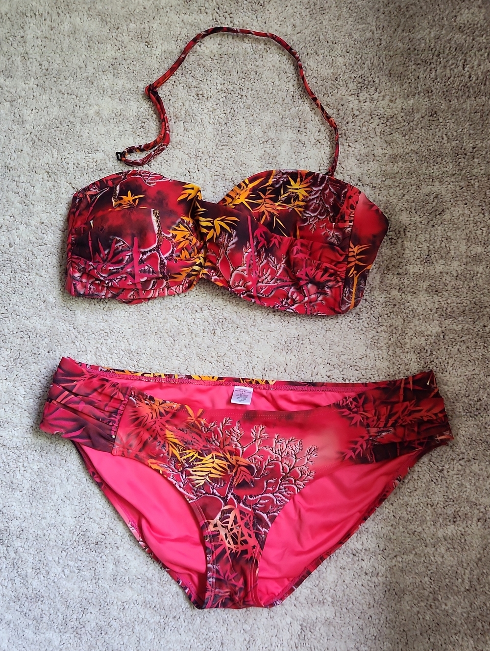 Red Floral Bandeau Bikini Set with Removable Strap - Brand Unspecified